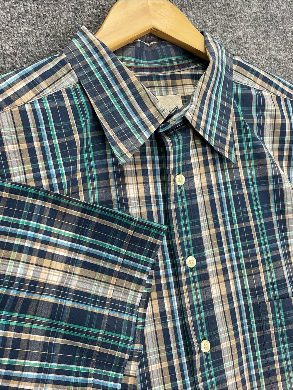 True Nation Mens Plaid Short Sleeve Button Down Shirt XLT Tall Green Tan Cotton